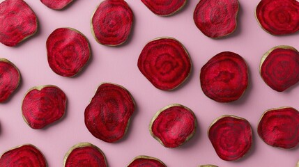 Beetroot slices arranged on pink background, pattern, healthy food, top view