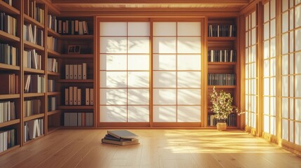 Tranquil Zen Library with Natural Light and Minimalist Design