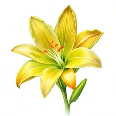 Obraz premium Tuberose flower with bright yellow petals and orange stamens, detailed botanical illustration on a white background, copy space