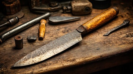 Rustic knife on aged workbench, surrounded by tools