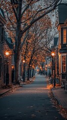 Fototapeta premium Serene Autumn Evening in a Quaint Tree-Lined Street with Lanterns