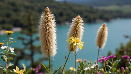 Obraz premium Serene Lakeside Vista with Fluffy Flowers and Daisies