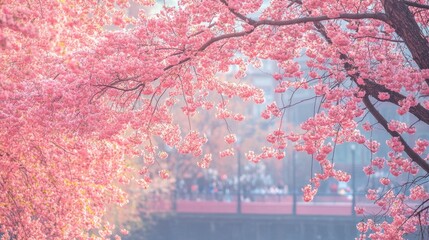 Delicate Cherry Blossom Trees in Bloom Along a Scenic Riverbank