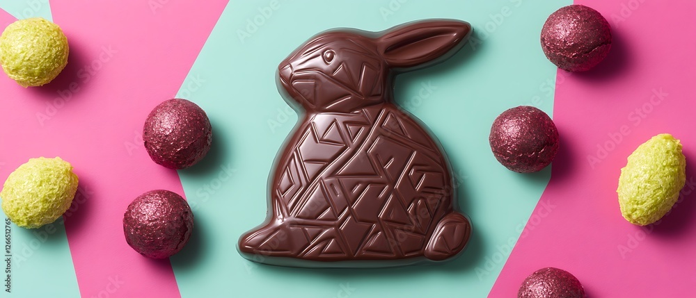 Canvas Prints Flat lay of a chocolate bunny, eggs, and candies on a two-color geometric background for Easter concepts