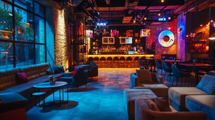 Modern Bar Interior with Colorful Lighting and Cozy Seating Area