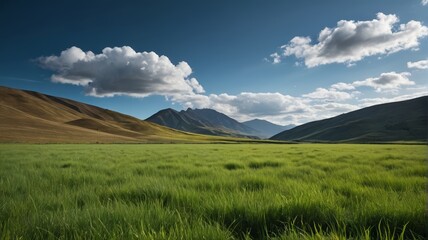 grassy field with mountains in the background and a blue sky