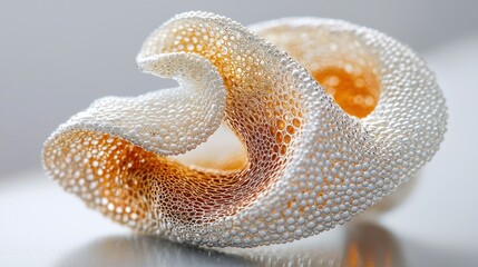 Fototapeta premium Abstract white & brown porous textured sculpture on reflective surface