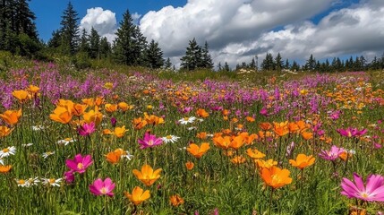 Obraz premium A forest background image showcasing a vibrant field of wildflowers in full bloom, with pine trees and fluffy white clouds overhead