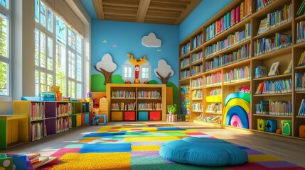 Colorful and Cheerful Children's Library with Books and Play Area