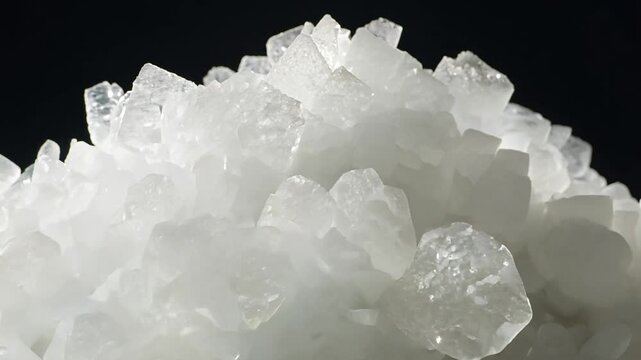 Slow zoom out video showing a dramatic cluster of coarse kosher salt crystals, with strong side lighting emphasizing the texture and purity