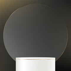 Black and gold background vector 3d with white podium. 3D abstract studio room with pedestal podium. Space for selling products, backdrop, wallpaper, background, text. Vector illustration.