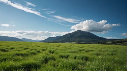 Fototapeta premium grassy field with mountains in the background and a blue sky