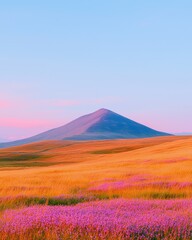 Obraz premium Breathtaking scenic landscape with vibrant wildflowers and majestic mountain under a clear blue sky at sunset
