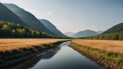 Obraz premium mountains in the distance with a stream running through it