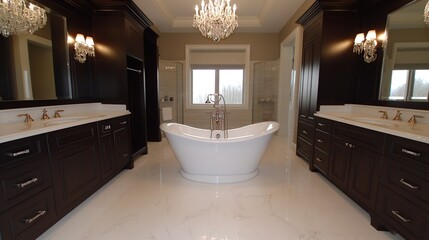 Fototapeta premium Luxurious master bathroom design, featuring a freestanding tub, marble floors, and large windows, showcasing home interior design for real estate marketing