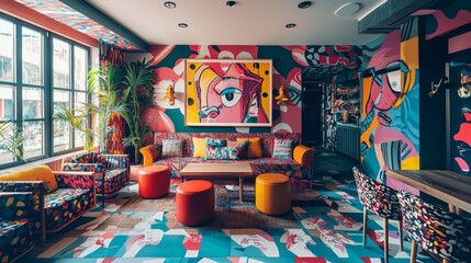 Vibrant and Artistic Interior of a Modern Cafe with Colorful Decor