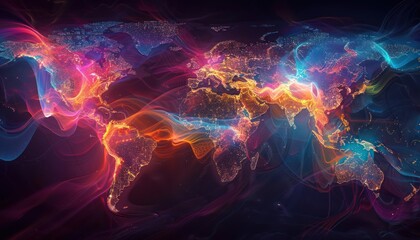 World night view futuristic international telecommunication network, concept about global connection and information, background with colourful dynamic gradient line flows connecting between countries