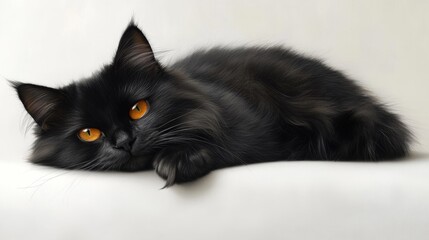 Black Cat Lying on a White Surface with Striking Orange Eyes. Generative AI