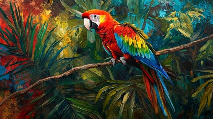 Vibrant Scarlet Macaw Perched on Branch Amidst Colorful Foliage
