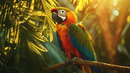 Obraz premium Vibrant Macaw Perched on a Branch Amid Lush Green Foliage