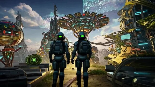Two Robots Exploring Futuristic City Under Cloudy Sky