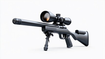 Fototapeta premium Close-Up of a Sniper Rifle with Scope and Bipod on White Background. Generative AI