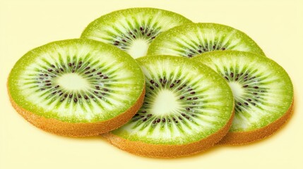 Fototapeta premium Sliced kiwi fruit, stacked, light yellow background, healthy food, studio shot