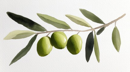 Elegant watercolor illustration of olive branch with lush green olives and delicate leaves on white background