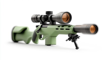 Close-up of a green sniper rifle with high-quality scope and bipod setup. Generative AI