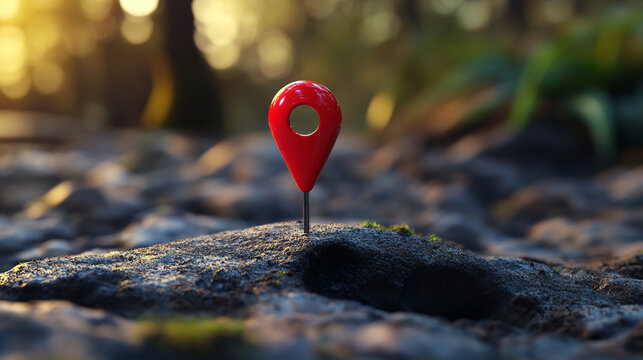 Exploring the beauty of nature with a red marker indicating a special location in a forest during golden hour