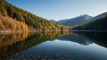 Fototapeta premium trees are reflected in the water of a mountain lake