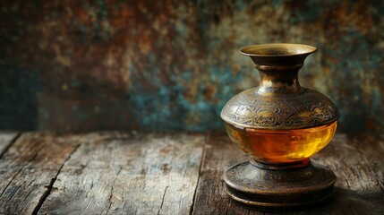 Antique Brass Vase with Colorful Liquid on Rustic Wooden Table