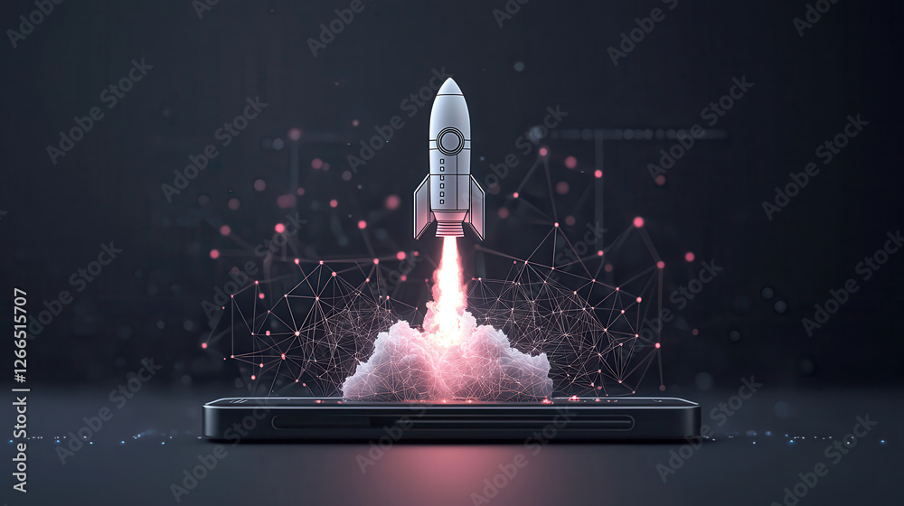 Poster 3d rendered rocket blasting off from smartphone, symbolizing innovation and technology. scene featur