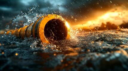Water Pipe Flowing Through Ocean Waves During Sunset. Generative AI