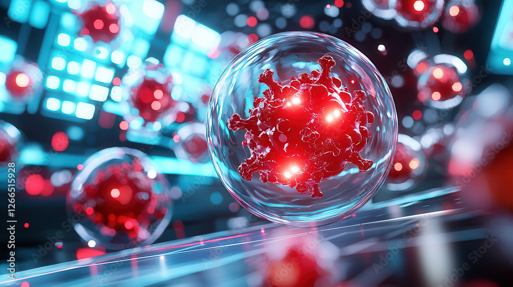 Fototapete 3d rendering of bioengineered cells in futuristic lab environment, showcasing vibrant red structures