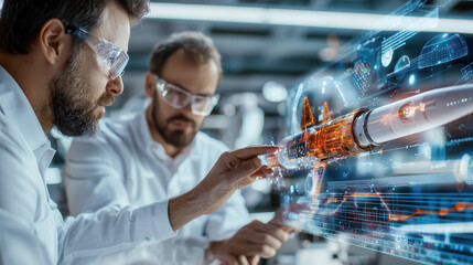 Innovative engineers collaborating on advanced technology project, analyzing data and designs. Their focus on smart solutions drives progress in engineering and development