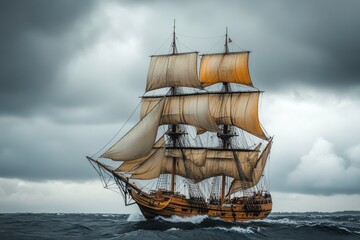 Fototapeta premium A majestic tall ship sails through turbulent waters under dramatic, cloudy skies, evoking a sense of adventure and maritime history.