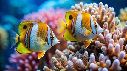 Fototapeta premium Vibrant Marine Life Two Exquisite Butterflyfish Gracefully Navigate a Lush Coral Reef Ecosystem