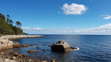 there is a large rock in the middle of the water