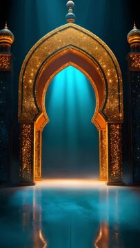 Golden glittery sparkle islamic arch with spotlight in blue color greeting card video background backdrop text