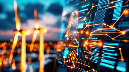 Smart grid technology balancing energy from renewable sources like wind and solar, showcasing futuristic cityscape with illuminated data patterns and wind turbines in background