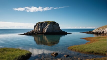 there is a small rock in the middle of the water