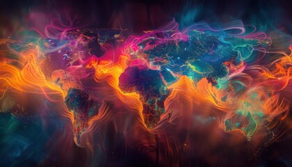 World night view futuristic international telecommunication network, concept about global connection and information, background with colourful dynamic gradient line flows connecting between countries