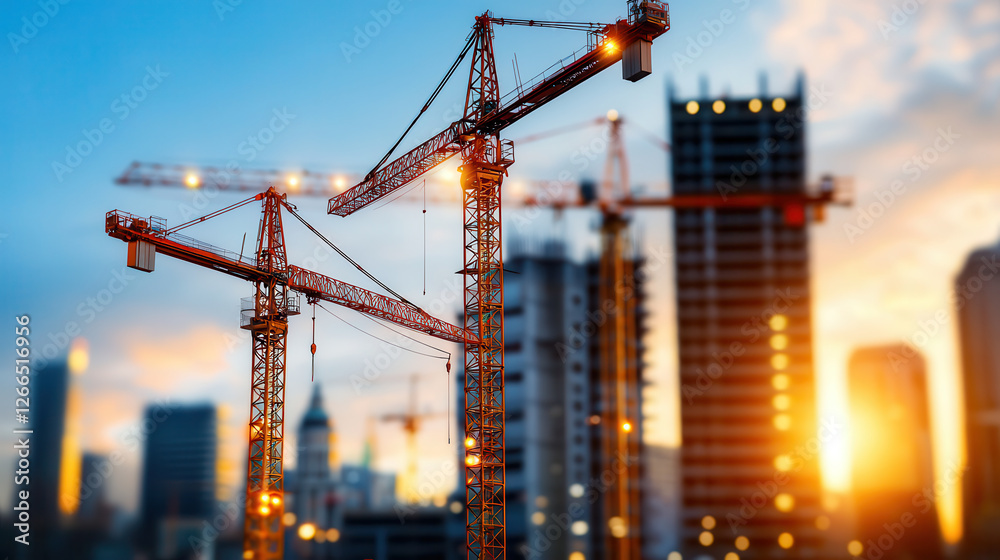 Poster construction site with cranes at sunset, showcasing urban development and technology. scene captures
