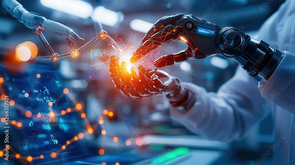 Aufkleber Autonomous robotic arms analyzing molecular structures and interacting with data, showcasing advanced technology and innovation in laboratory setting