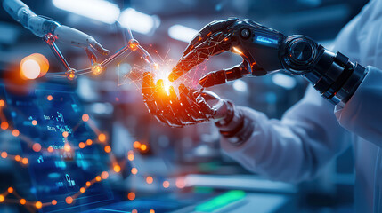 Autonomous robotic arms analyzing molecular structures and interacting with data, showcasing advanced technology and innovation in laboratory setting