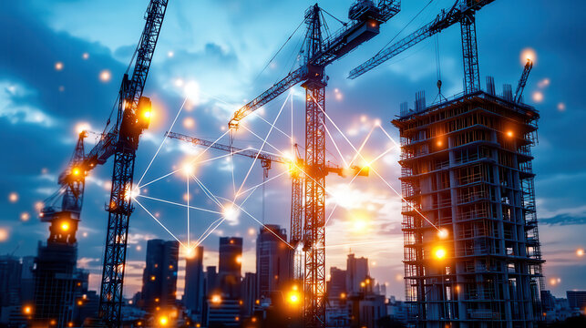 Construction site with cranes and AI technology integration, showcasing modern architecture and urban development. scene captures innovation and progress in building