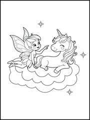 Black and white fairy coloring pages for kids. Children's coloring books with cute cartoon fairy and unicorn characters, fun and educational materials for kindergarten.
