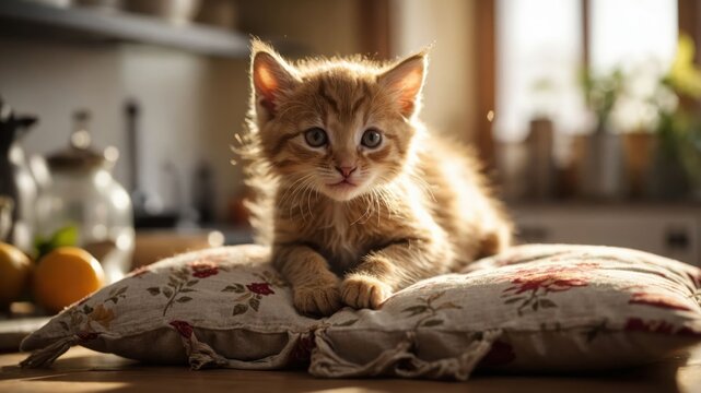 A fluffy orange kitten lounging on decorative pillows in a cozy kitchen setting.