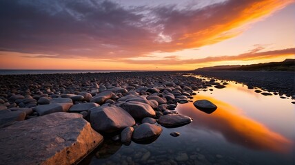 sunset over a rocky beach with a stream running through it